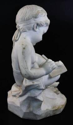 A 19thC marble figure of a seated putti, holding quill and book, wearing headband, on a rock work base, unsigned, 48cm high. - 4