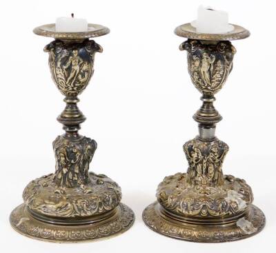 A pair of Elkington electroplate candlesticks, model 415, cast with female figures and C scrolls, 13.5cm high.