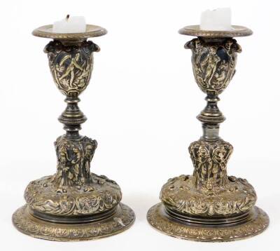 A pair of Elkington electroplate candlesticks, model 415, cast with female figures and C scrolls, 13.5cm high. - 3