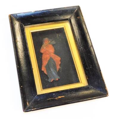 A Victorian wax portrait figure, of a lady in robes with flowers, 13cm high, (AF), in an ebonised and glazed frame, 28cm x 20cm. - 2