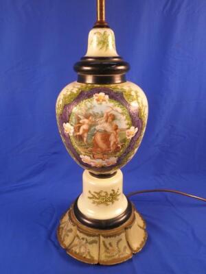 A late 19thC cream opaque glass lamp base