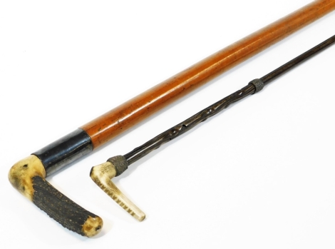 A Victorian malacca sword stick, with antler handle and a riding crop. (2)