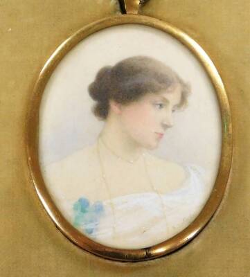 K Way (Edwardian School). Figure of lady, quarter profile, head turned to the left, portrait miniature watercolour, signed, 7cm x 5cm, oval frame with fitted case.