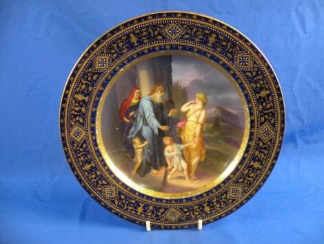 A Vienna plate decorated with a scene depicting a lady leaving an old couple behind