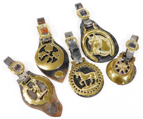 Five various 19thC horse brasses, on leather straps.