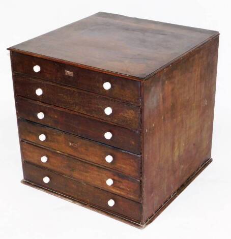 A 19thC mahogany six drawer specimen cabinet, of square form set with various empty boxes, on a plain moulded base, partial label to the back, with pot handles, 63cm high, 63.5cm wide, 63cm deep.