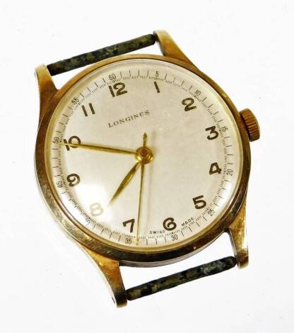 A mid 20thC Longines wristwatch, with 3cm diameter Arabic dial and baton pointers, in a plain case, lacking strap.