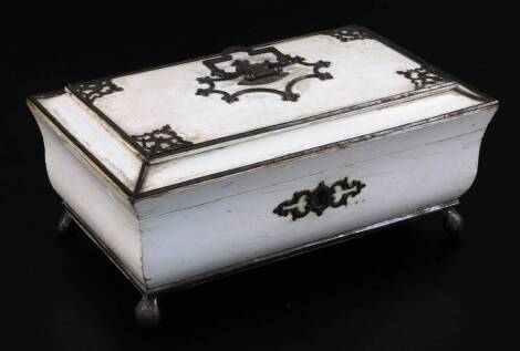 A late 19thC jewellery casket, of rectangular form with metal mounts, the hinged lid with mirrored interior, faux vizagapatam type, the exterior painted white on shaped feet, 10cm high, 22cm wide, 14cm deep.