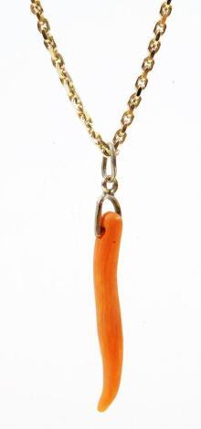 A coral pendant necklace and chain, with single coral stem pendant, on a fine link chain, yellow metal, marked 9k, 5.4g all in.