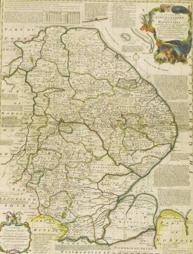 Emanuel Bowen. Thomas Kitchen The Large English Atlas, c1760, Lincolnshire map, with original outline and amplified colour, 79cm x 55cm, glazed and framed.