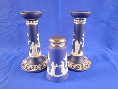 A pair of Victorian Wedgwood blue Jasperware candlesticks