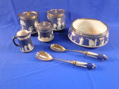 A Wedgwood blue Jasperware salad bowl decorated with neo-classical figures