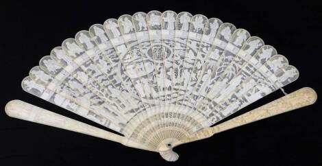 A 19thC Canton Chinese ivory fan, the guards carved with figures and flowers, the sticks with finely pierced scene of figures in gardens, FB monogram to the centre, 20cm high.