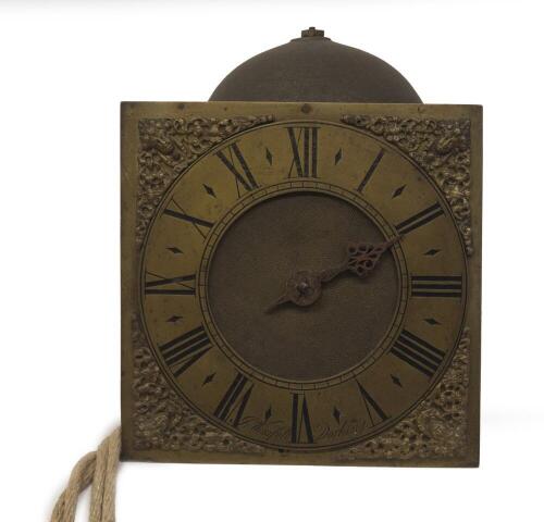 A late 17thC hook and spike clock movement, with later adaptations, 20cm square brass dial with cast amarini applied spandrels, the chapter ring having Roman hour numerals and diamond dividers and marked Jno. Worsfold Dorking, 16cm bell. John Worsfold di