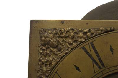 A late 17thC hook and spike clock movement, with later adaptations, 20cm square brass dial with cast amarini applied spandrels, the chapter ring having Roman hour numerals and diamond dividers and marked Jno. Worsfold Dorking, 16cm bell. John Worsfold di - 3