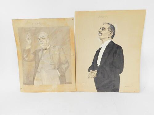 W M Greenwood (British, 20thC). Necessity and Sincerity, ink, pencil and body colour studies of Winston Churchill and Neville Chamberlain, respectively, signed, 47cm x 40cm, and 63.5cm x 51cm. (2)