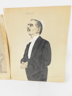 W M Greenwood (British, 20thC). Necessity and Sincerity, ink, pencil and body colour studies of Winston Churchill and Neville Chamberlain, respectively, signed, 47cm x 40cm, and 63.5cm x 51cm. (2) - 3