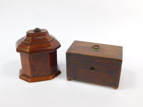 An early 19thC rosewood tea caddy, raised on four brass ball feet, 10cm H. 16cm W, 9.5cm D., together with a George III mahogany tobacco jar and cover, of octagonal form, with brass top weighted inner lid, 13cm W. (2)