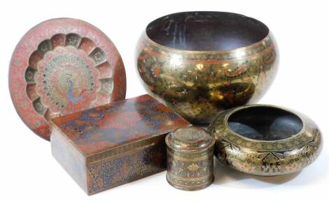 A group of Indian enamelled brass ware, comprising jardiniere, heavy gauge censer bowl, cigarette box, cigarette canister and plate. (5)