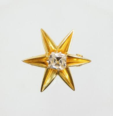 A Victorian diamond set star brooch, set with single old cushion cut diamond, in six point claw setting, 7.56mm x 7.13mm x 3.23mm, totalling approx 1.3cts overall, the diamond in a yellow metal six point star frame, yellow metal, unmarked, with single pin - 3