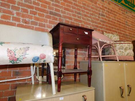 A red stained oak effect three drawer bedside chest, 70.5cm high, 46.5cm wide, 37cm deep, together with two Lloyd Loom style pink tub chairs and a floral upholstered nursing chair. (4)