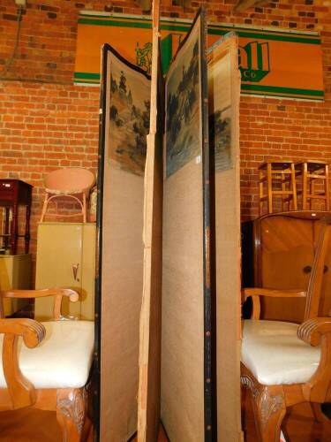 An oriental wooden and fabric four fold screen inset with landscape pictures, 172cm high, 212cm wide. (AF)