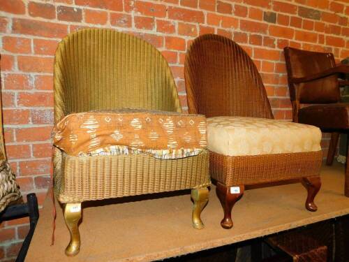 Two Lloyd Loom style high back tub chairs with loose cushion seat.