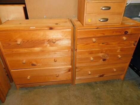 A pair of pine three drawer chests, 62cm wide.