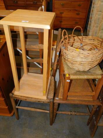 A Victorian beech and rush seated ladder back chair, further bedroom chair, stool, two tier stand. (7)