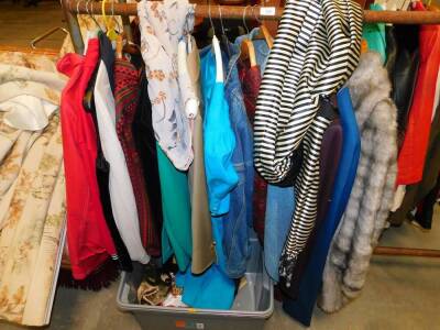 Ladies and gentlemans clothing, including jackets, waistcoats, faux fur coat, Hamelss dress, scarves, etc. (a quantity)