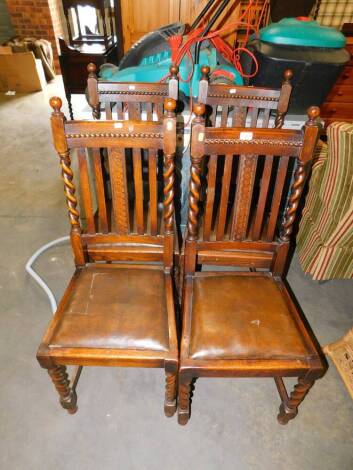 A set of four early 20thC oak barleytwist single dining chairs, with leatherette seats.