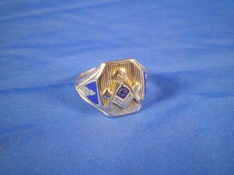 A white metal and enamelled masonic ring