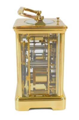 A Jacot A Paris brass cased repeater alarm carriage clock, rectangular dial bearing Roman and Arabic numerals, subsidiary alarm dial with coil strike, with key, 14cm high, 9cm wide, 8cm deep. - 2