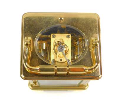 A Jacot A Paris brass cased repeater alarm carriage clock, rectangular dial bearing Roman and Arabic numerals, subsidiary alarm dial with coil strike, with key, 14cm high, 9cm wide, 8cm deep. - 5