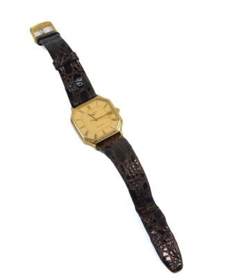 A Longines gentleman's gold wristwatch, gold octagonal dial bearing Roman numerals, centre seconds, date aperture, quartz movement, serial number 54419659, on a leather strap. - 2