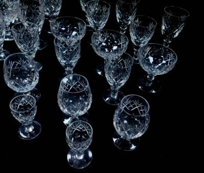 A Webb Corbett cut glass part suite of table glassware, decorated in the Georgian pattern, comprising six champagne cups, red and white wine glasses, sherry glasses, brandy balloons and liqueur glasses. (36) - 2