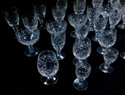 A Webb Corbett cut glass part suite of table glassware, decorated in the Georgian pattern, comprising six champagne cups, red and white wine glasses, sherry glasses, brandy balloons and liqueur glasses. (36) - 3