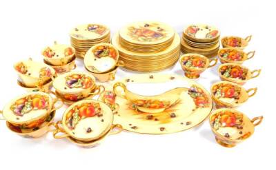 An Aynsley porcelain part dinner and tea service, decorated in the Orchard Gold pattern, comprising oval meat platter, sauce boat, eleven dinner, six dessert and eight side plates, twelve soup cups and saucers, six tea cups and saucers.