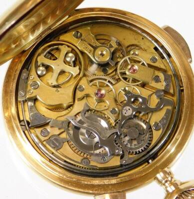 A National Watch Co chronograph quarter repeating pocket watch, in plain case with compressed ring bail top, the 4cm diameter Arabic dial with a subsidiary Arabic second hand fronting a back plate marked Grand Diplome D'Honneur Repetition, bezel wind and - 3