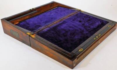 A 19thC rosewood duet writing slope, of rectangular form with mother of pearl inlay and part fitted interior, with exterior vacant cartouche, 13cm high, 46cm wide, 26cm deep. (AF) - 2