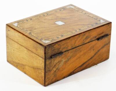 A 19thC walnut Tunbridge jewellery box, of rectangular form with mother of pearl inlay and vacant shield cartouche and escutcheon, with a plain interior, 12cm high, 25cm wide, 17cm deep. - 2