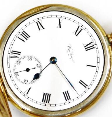 A 1920's 9ct gold cased open face pocket watch, the 4.5cm Roman numeric dial with subsidiary Arabic second hand marked Waltham USA, in tooled case with manual movement, 7cm high, 96g all in. - 2