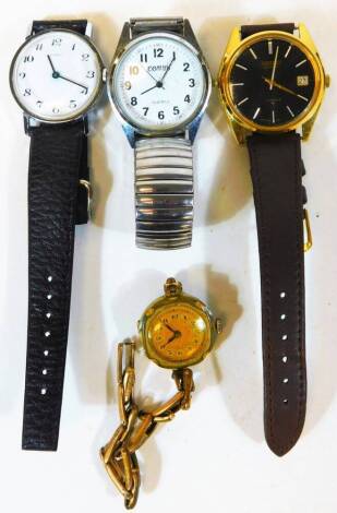 A Seiko gentleman's automatic seventeen jewel wristwatch, in gold coloured case with 3cm diameter black dial, with baton numerals and pointers and date aperture with leatherette strap, a Ladies rolled gold watch, a Timex wristwatch and a further gentleman