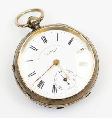 A late Victorian silver open faced pocket watch, the 5cm diameter Roman numeric dial with subsidiary Arabic second hand marker The Express English Lever, J G Greaves Sheffield, in a plain case with vacant cartouche, Chester 1901, 7.5cm high.