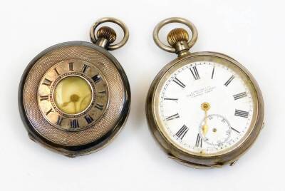 A half hunter pocket watch, in part engine turned case with enamel numerals, the 4cm diameter dial with Roman numerals and subsidiary Arabic second hand with plain ring top and initialled cartouche, dated 3.9.13 marked 925 and a further open faced pocket