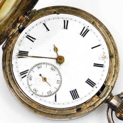 A half hunter pocket watch, in part engine turned case with enamel numerals, the 4cm diameter dial with Roman numerals and subsidiary Arabic second hand with plain ring top and initialled cartouche, dated 3.9.13 marked 925 and a further open faced pocket - 2