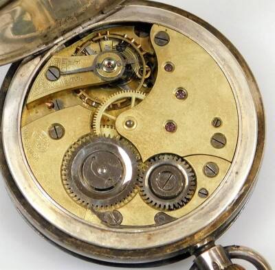 A half hunter pocket watch, in part engine turned case with enamel numerals, the 4cm diameter dial with Roman numerals and subsidiary Arabic second hand with plain ring top and initialled cartouche, dated 3.9.13 marked 925 and a further open faced pocket - 3