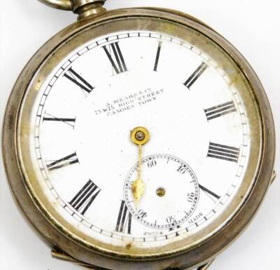 A half hunter pocket watch, in part engine turned case with enamel numerals, the 4cm diameter dial with Roman numerals and subsidiary Arabic second hand with plain ring top and initialled cartouche, dated 3.9.13 marked 925 and a further open faced pocket - 4