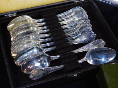 Various 20thC Christofle French silver plated cutlery, cake slice, with heavily raised scroll handle, 26cm wide, partially boxed, ladle, table settings, table markers, various other Christofle cutlery, cased teaspoons, fork, sugar bowls, etc. (a quantity) - 3
