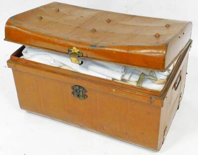 An early 20thC tin trunk, with domed top and rectangular body, 46cm high, 68cm wide, 51cm deep containing a quantity of early 20thC linen, some possibly Irish, worked examples, table pieces, etc. (a quantity) - 2